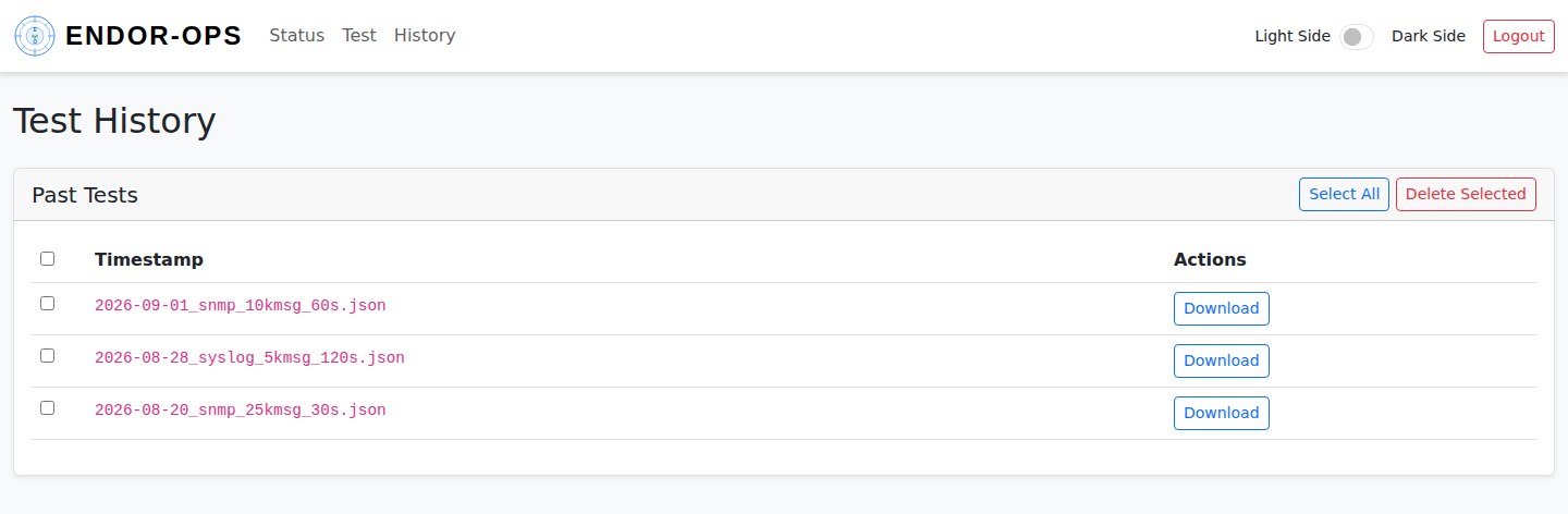Endor Ops test history list